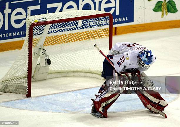 Norway's goalie Pal Grotnes reacts after giving up a goal by Canada during the quarterfinals of the 2008 IIHF World Hockey Championships at the...