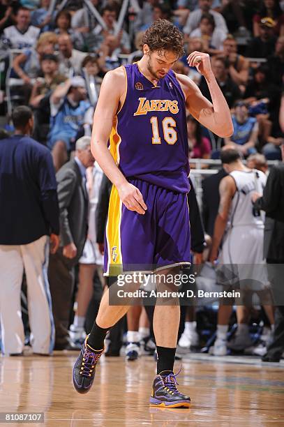 Pau Gasol of the Los Angeles Lakers walks down the court in Game Four of the Western Conference Semifinals against the Utah Jazz during the 2008 NBA...