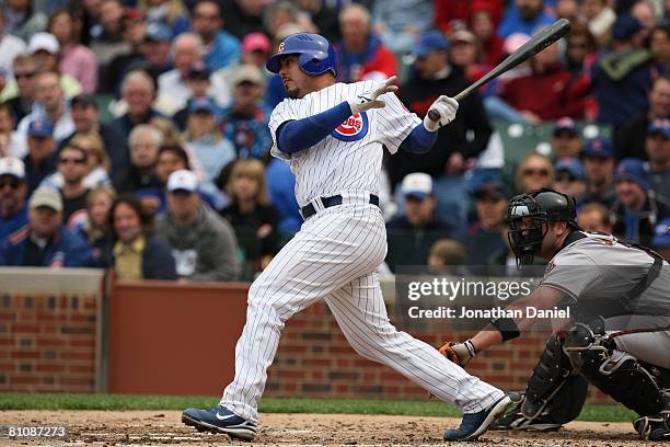 Geovany Soto of the Chicago Cubs bats against the Arizona Diamondbacks on May 10, 2008 at Wrigley Field in Chicago, Illinois.