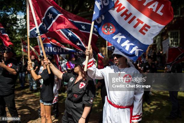 The Ku Klux Klan protests on July 8, 2017 in Charlottesville, Virginia. The KKK is protesting the planned removal of a statue of General Robert E....