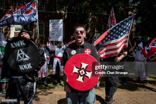 The Ku Klux Klan protests on July 8, 2017 in Charlottesville, Virginia. The KKK is protesting the planned removal of a statue of General Robert E....