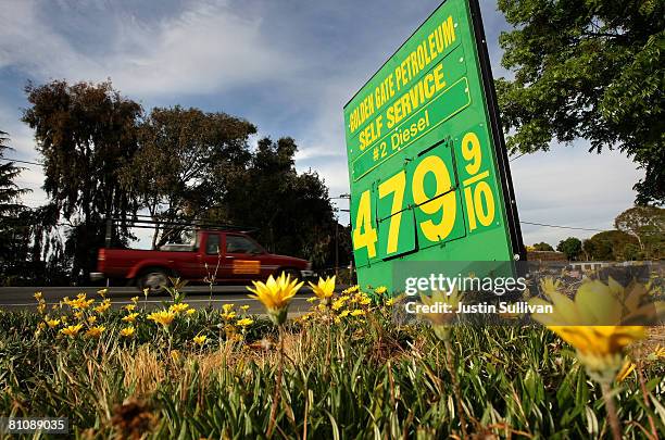 Diesel prices approaching $5 per gallon are displayed at a Golden Gate Petroleum gas station May 14, 2008 in Martinez, California. The national...