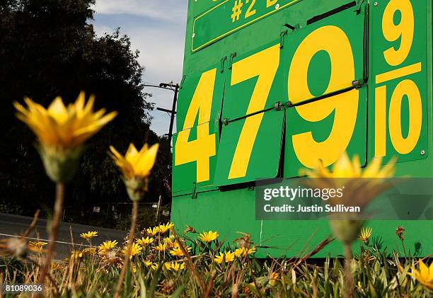 Diesel prices approaching $5 per gallon are displayed at a Golden Gate Petroleum gas station May 14, 2008 in Martinez, California. The national...