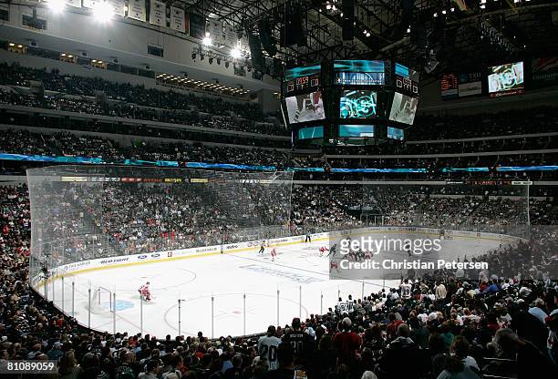 General view of action as the Dallas Stars face off against the Detroit Red Wings to start the second period of game four of the Western Conference...