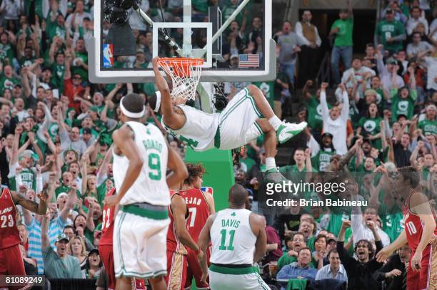 Paul Pierce of the Boston Celtics dunks the ball against the Cleveland Cavaliers in Game Five of the Eastern Conference Semifinals during the 2008...