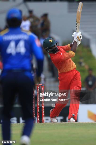 Zimbabwe cricketer Solomon Mire plays a shot during the 4th One Day International cricket matcth between Sri Lanka and Zimbabwe at Mahinda Rajapaksa...