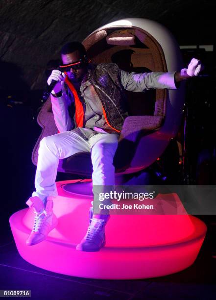 Singer KanYe West Performs live at the Casio G-SHOCK 25th Anniversary Celebration at Gustavino's on May 14, 2008 in New York City.