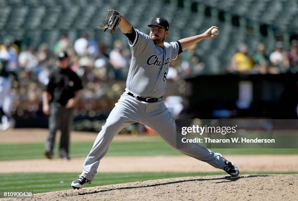 David Holmberg of the Chicago White Sox pitches against the Oakland Athletics in the bottom of the seventh inning at Oakland Alameda Coliseum on July...