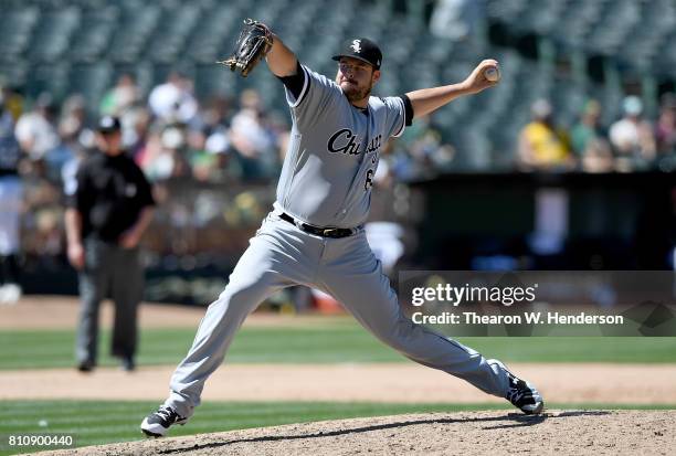 David Holmberg of the Chicago White Sox pitches against the Oakland Athletics in the bottom of the seventh inning at Oakland Alameda Coliseum on July...