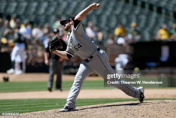 David Holmberg of the Chicago White Sox pitches against the Oakland Athletics in the bottom of the seventh inning at Oakland Alameda Coliseum on July...