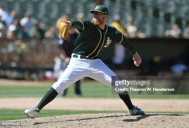 Sean Doolittle of the Oakland Athletics pitches against the Chicago White Sox in the top of the ninth inning at Oakland Alameda Coliseum on July 5,...