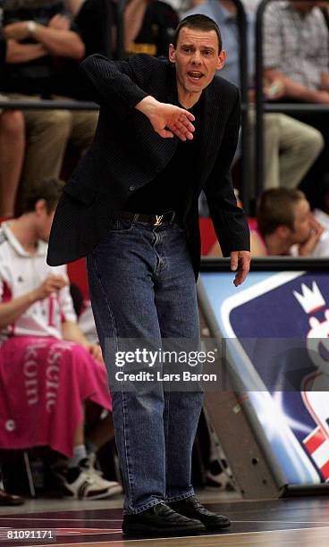 Headcoach Michael Koch of Bonn gestures during the Basketball Bundesliga play-off quarter final match between Artland Dragons Quakenbrueck and...