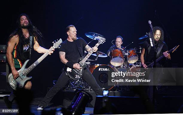 Musicians Robert Trujillo, James Hetfield, Lars Ulrich and Kirk Hammett, of Metallica, perform at The Silverlake Conservatory of Music Benefit at the...