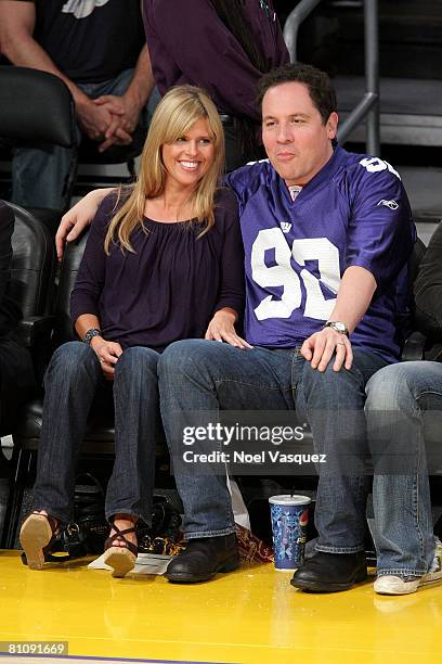 Joya Tillem and Jon Favreau attend the Los Angeles Lakers against Utah Jazz playoff game at the Staples Center on May 14, 2008 in Los Angeles,...