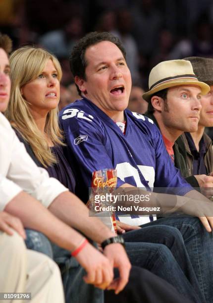 Joya Tillem and Jon Favreau attend the Los Angeles Lakers against Utah Jazz playoff game at the Staples Center on May 14, 2008 in Los Angeles,...