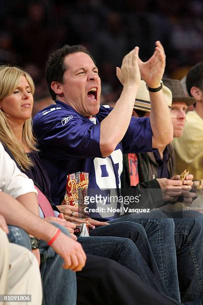 Jon Favreau and Joya Tillem attend the Los Angeles Lakers against Utah Jazz playoff game at the Staples Center on May 14, 2008 in Los Angeles,...