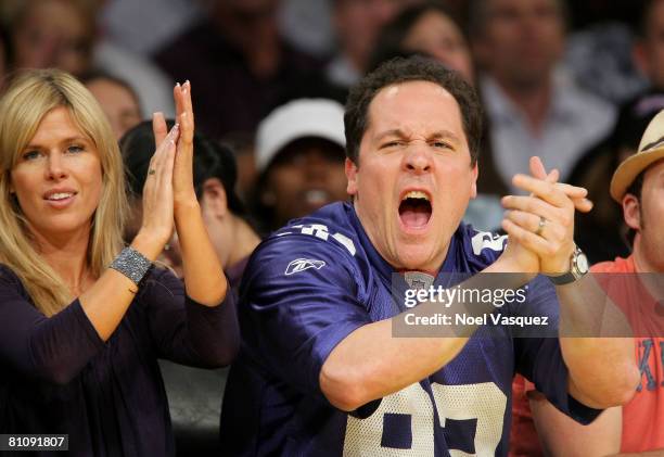 Joya Tillem and Jon Favreau attend the Los Angeles Lakers against Utah Jazz playoff game at the Staples Center on May 14, 2008 in Los Angeles,...