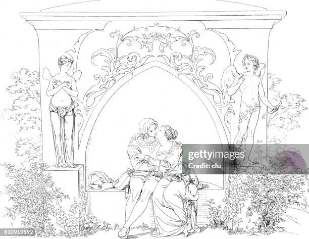 young couple sitting on a bench under an arch, kissing - sitting bench stock illustrations