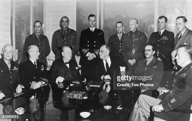 President Franklin D. Roosevelt and British Prime Minister Winston Churchill with their military advisors during the Casablanca Conference of World...
