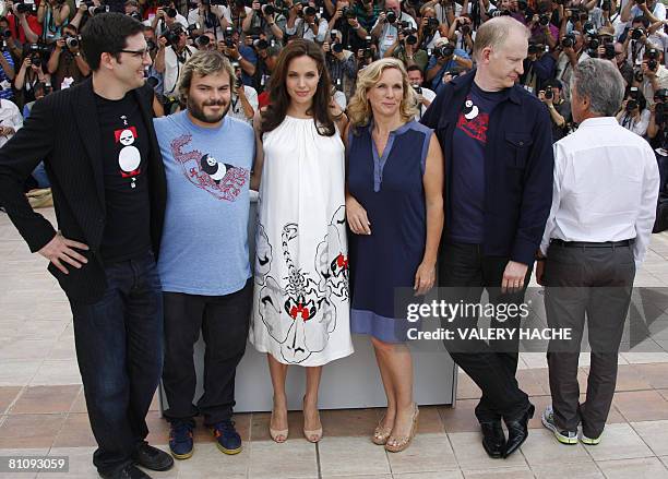 Director Mark Osborne, US actor Jack Black, US actress Angelina Jolie, US producer Melissa Cobb, US director John Stevenson and US actor Dustin...