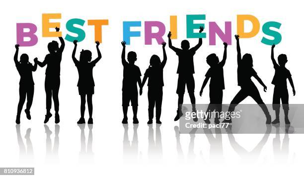 children silhouettes holding letters with word best friends - school building silhouette stock illustrations