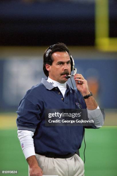 Head coach Jeff Fisher of the Tennessee Titans looks on from the sideline during a game against the Pittsburgh Steelers at Three Rivers Stadium on...