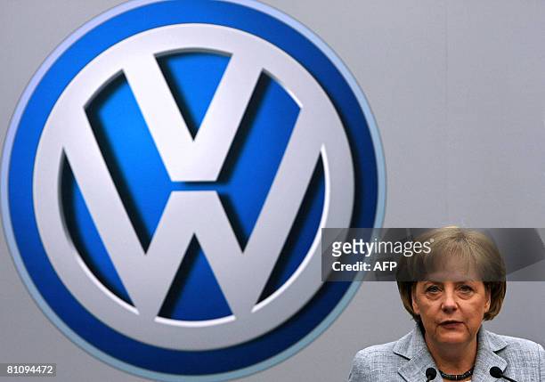 German Chancellor Angela Merkel delivers a speech during a visit to the Volkswagen plant, on May 15 in Sao Bernardo do Campo, southern Sao Paulo,...
