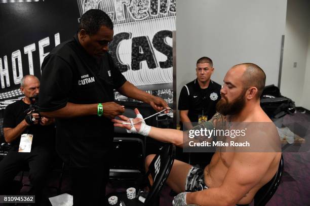 Travis Browne gets his hands wrapped during the UFC 213 event at T-Mobile Arena on July 8, 2017 in Las Vegas, Nevada.