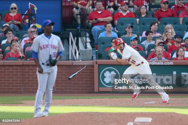 The St. Louis Cardinals' Paul DeJong hits a double off of New York Mets pitcher Rafael Montero in the eighth inning, one of his four extra-base hits...