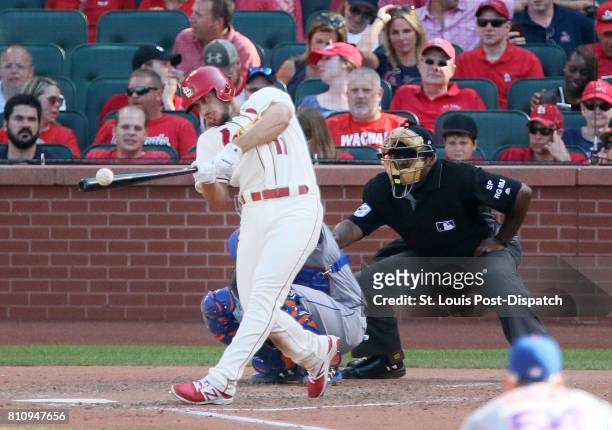 The St. Louis Cardinals' Paul DeJong hits a double in the seventh inning, one of his four extra-base hits on the day, against the New York Mets on...