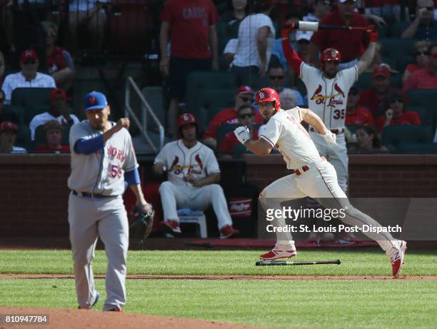 The St. Louis Cardinals' Paul DeJong hits a double off of New York Mets pitcher Fernando Salas in the seventh inning, one of his four extra-base hits...