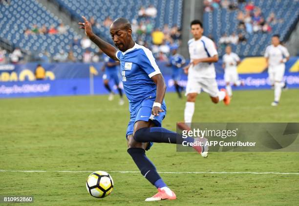 Martinique's Steeven Langil shoots to score against Nicaragua during a Concacaf Gold Cup Group B match in Nashville, Tennessee, on July 8, 2017. /...