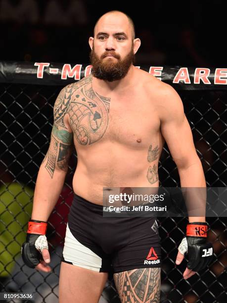 Travis Browne enters the Octagon before facing Aleksei Oleinik of Russia in their heavyweight bout during the UFC 213 event at T-Mobile Arena on July...