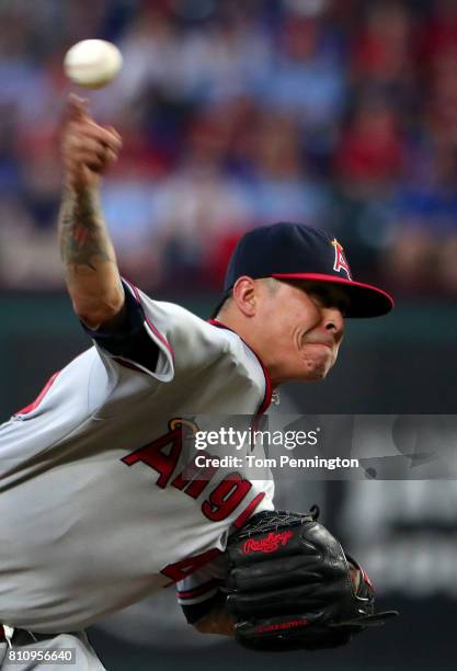 Jesse Chavez of the Los Angeles Angels pitches against the Texas Rangers in the bottom of the first inning at Globe Life Park in Arlington on July 8,...