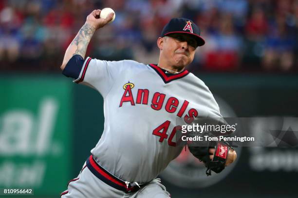 Jesse Chavez of the Los Angeles Angels pitches against the Texas Rangers in the bottom of the first inning at Globe Life Park in Arlington on July 8,...