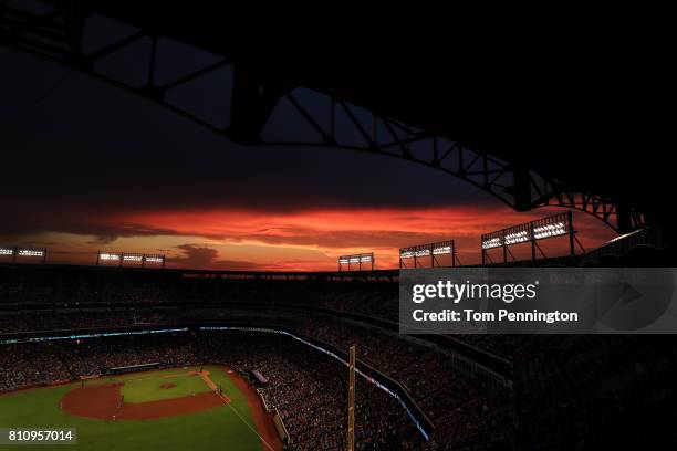 View as the Texas Rangers take on the Los Angeles Angels in the third inning at Globe Life Park in Arlington on July 8, 2017 in Arlington, Texas.