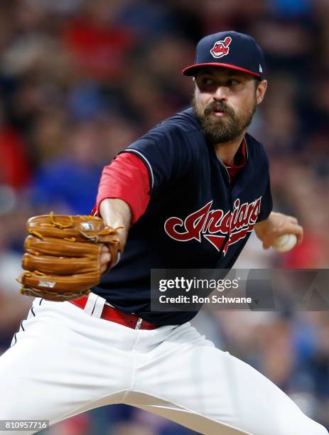 Andrew Miller of the Cleveland Indians pitches against the Detroit Tigers during the seventh inning at Progressive Field on July 8, 2017 in...