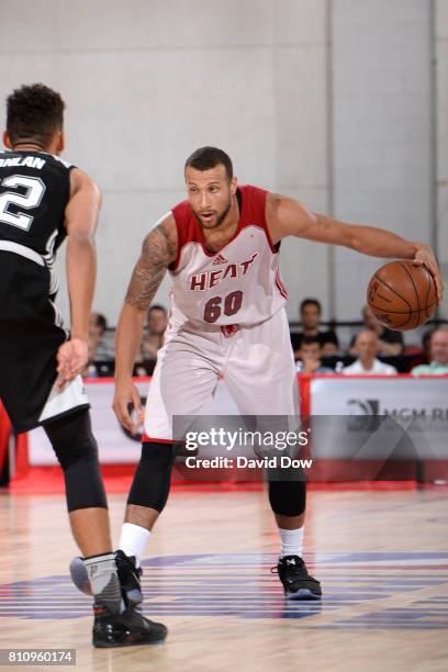 Trey McKinney-Jones of the Miami Heat handles the ball against the San Antonio Spurs during the 2017 Las Vegas Summer League on July 8, 2017 at the...
