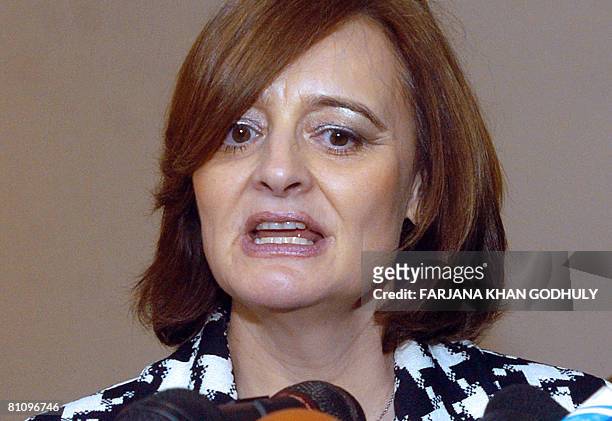 This file picture taken on April 23, 2008 in Dhaka shows wife of former British Prime Minister Tony Blair, answering questions during a press...