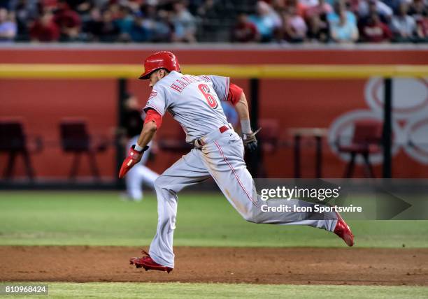 Cincinnati Reds center fielder Billy Hamilton breaks for second base during the MLB baseball game between the Cincinnati Reds and the Arizona...