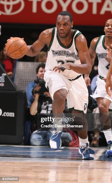 Al Jefferson of the Minnesota Timberwolves dribbles against the Detroit Pistons during the game on April 1, 2008 at the Target Center in Minneapolis,...