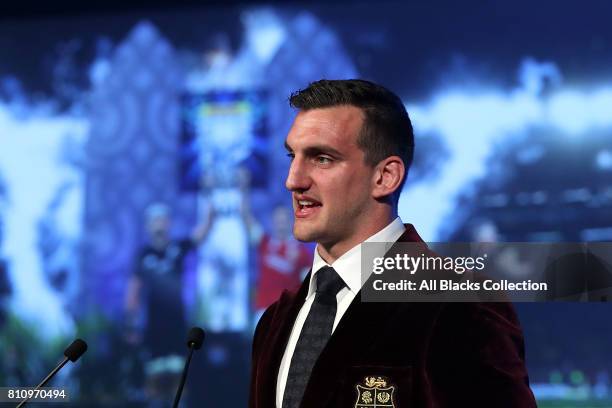 Lions captain Sam Warburton speaks during the NZRU Post Match Function at Sky City following the Test match between the New Zealand All Blacks and...