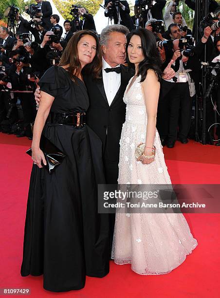 Actor Dustin Hoffman with actress Lucy Liu and his wife Lisa Gottsegen attend the "Kung Fu Panda" premiere at the Palais des Festivals during the...