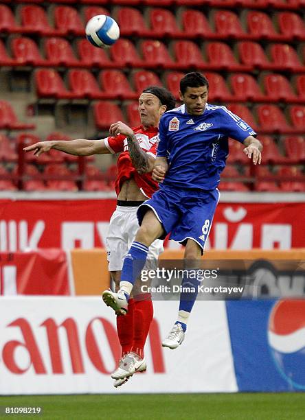 Martin Jiranek of Spartak Moscow and Marko Topic of FC Saturn compete for a header during the Russian Premier League match between FC Spartak Moscow...