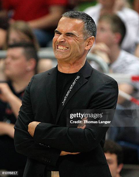 Head coach Dirk Bauermann of Bamberg reacts during the Basketball Bundesliga quarter final play-off match between Brose Baskets Bamberg and EWE...