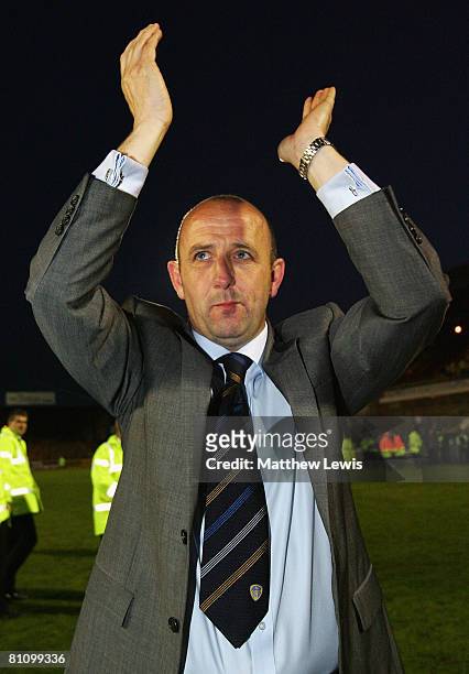 Gary McAllister, manager of Leeds United, celebrates his teams' win during the Coca-Cola League One Playoff Semi Final match between Carlisle United...