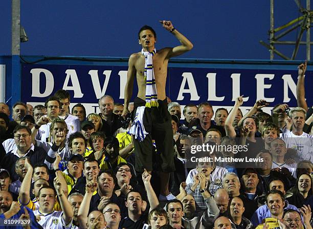 Leeds United fans celebrate their teams' win during the Coca-Cola League One Playoff Semi Final match between Carlisle United and Leeds United at...