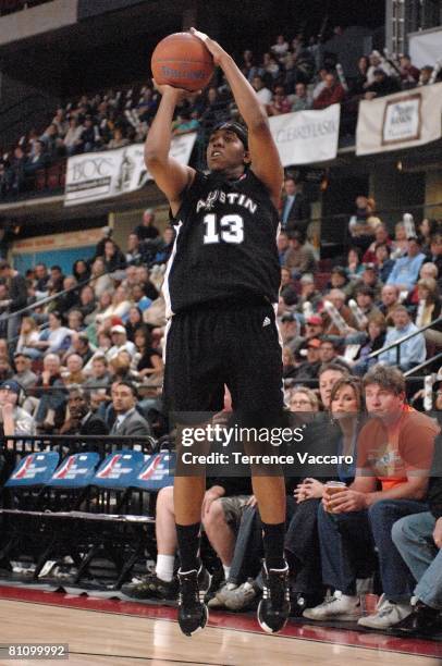 Kenton Paulino of the Austin Toros shoots against the Idaho Stampede in Game Two of the D-League Finals on April 24, 2008 at the Qwest Arena in...