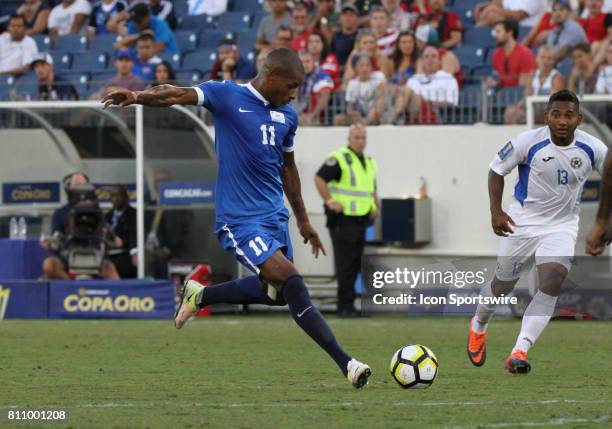 Martinique forward Johan Audel shoots against Nicaragua during the CONCACAF Gold Cup Group B match on July 08, 2017 played at Nissan Stadium in...