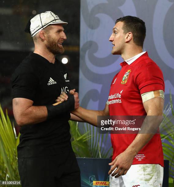 Sam Warburton, the Lions captain, and Kieran Read, the All Black captain shake hands after their sides draw the final test 15-15 and tie the series...